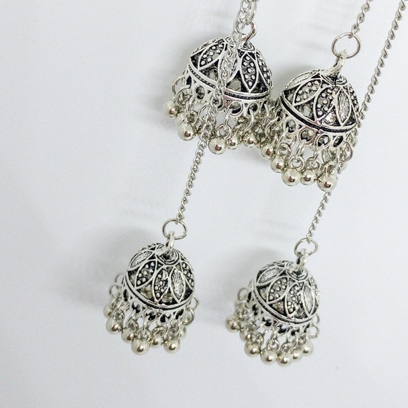 Bollywood-inspired Silver Jhumka Earrings with Elegant Duster Length Design - Picture 7 of 12